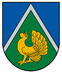 Dundagas novada ģerbonis.Dalīts ar sudraba šaurševronu: zils un zaļš. Apakšā dziedošs zelta mednis. Dundagas novada ģerbonis.Dalīts ar sudraba šaurševronu: zils un zaļš. Apakšā dziedošs zelta mednis.